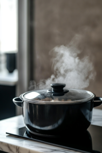 A close-up shot of a black slow cooker on the white marble cooktop, covered with a glass lid. Steam gently fogs up the lid as the soup simmers on low heat, allowing the flavors to meld into a rich, slow-cooked broth.