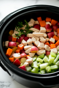 A close-up shot of a black slow cooker on the white marble cooktop, filled with cubed chicken, quartered red potatoes, baby carrots, chopped celery, and frozen mixed vegetables. The vibrant colors of the fresh ingredients contrast beautifully, creating a wholesome base for the dish.