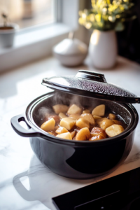 A close-up shot of the black slow cooker on the white marble cooktop, securely covered with its lid. The apples slowly cook inside, while condensation forms on the inside of the lid, hinting at the warmth and flavors developing.