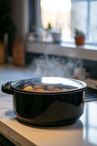 A close-up shot of the black slow cooker on the white marble cooktop, securely covered with its lid. The potatoes are slowly cooking inside, with steam lightly fogging the edges of the lid as they bake to fluffy perfection.