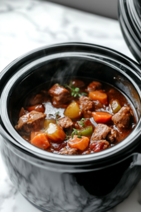 A close-up shot of the black slow cooker on the white marble cooktop, now covered with its lid. The ingredients inside are slow-cooking, and condensation forms along the inside of the lid as the stew gently simmers, releasing rich, aromatic flavors.