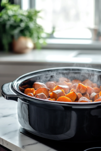 A close-up shot of the black slow cooker on the white marble cooktop, now covered with its lid. Inside, the sweet potatoes are slowly cooking, their edges caramelizing as steam builds up and slightly fogs the inside of the lid.