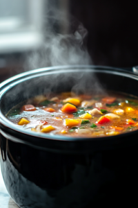 A close-up shot of the black slow cooker on the white marble cooktop, now covered with its lid. Soft steam lightly fogs up the inside, indicating that the soup is slowly simmering. The vibrant colors of the ingredients start blending into a rich, hearty broth as the flavors meld over six hours of slow cooking.