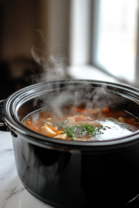 A wide-angle shot of the slow cooker covered with a glass lid as the French onion soup simmers gently for several hours. Soft steam fogs up the inside of the lid, showing the rich, golden broth infused with deep caramelized flavors.