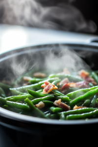 A close-up shot of the slow cooker covered, with steam beginning to form inside as the green beans, bacon, and butter cook together on the white marble cooktop. The condensation on the lid indicates the ingredients are softening and flavors are blending beautifully.
