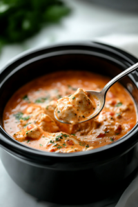 A black slow cooker on a white marble cooktop, with the sauce thickened and the chicken perfectly tender. A spoon lifts a generous portion of creamy Tuscan chicken, coated in a luscious Parmesan sauce, ready to be served.