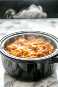 A black slow cooker on the white marble cooktop, filled with the soaked bread mixture, cooking into a warm, golden bread pudding. Steam rises as it bakes to perfection
