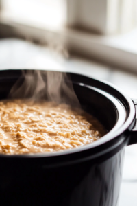 A black slow cooker on the white marble cooktop, covered and cooking on low overnight. The oats are slowly absorbing the water, creating a creamy texture