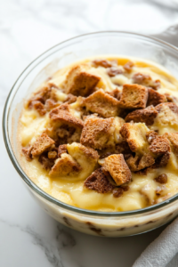 A large clear glass mixing bowl on the white marble cooktop, with torn chunks of cinnamon-raisin bread being folded into the rich custard mixture, absorbing the liquid for maximum flavor.