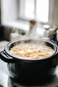A close-up shot of a black slow cooker on the white marble cooktop, cooking on low heat. Wisps of steam rise as the soup thickens, and the Velveeta cheese slowly begins to melt into the rich, flavorful mixture.