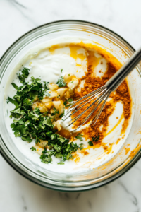 A close-up shot of a glass mixing bowl on a white marble cooktop, filled with plain yogurt, finely chopped cilantro, fresh mint, chopped ginger, minced garlic, chili powder, turmeric, ground coriander, cumin, garam masala, salt, and black pepper. A whisk is in the bowl, blending the ingredients into a smooth, aromatic marinade.