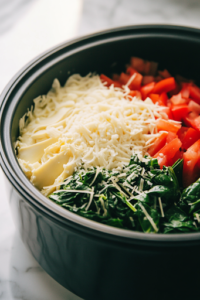A black slow cooker on a white marble cooktop, filled with softened cream cheese, shredded mozzarella, shredded Parmesan, chopped artichoke hearts, and frozen spinach. The ingredients create a colorful and textured mixture, ready to be transformed into a creamy dip.