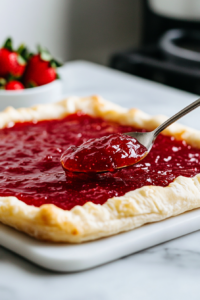 Thinly sliced strawberries layered over a spread of strawberry jam on the buttered puff pastry, sprinkled with cinnamon.