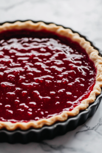 A tart pan on a white marble cooktop is filled with a layer of vibrant, glossy red jam being spread evenly over the pressed dough base.