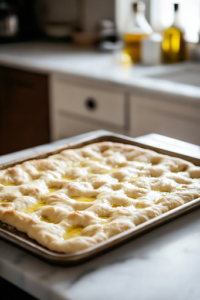 A rectangular baking sheet rests on a white marble cooktop, with risen focaccia dough spread evenly across the surface. A hand gently presses the dough into the pan, shaping it for baking.