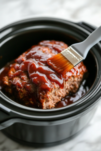 A close-up of a black slow cooker on the white marble cooktop, as a silicone brush spreads half of the glossy brown sugar ketchup glaze evenly over the uncooked meatloaf. The thick glaze coats the top, promising a rich, caramelized finish as it cooks.