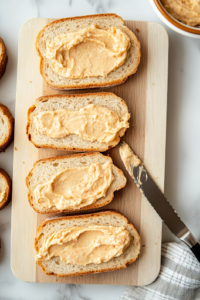 Eight slices of sourdough bread neatly arranged on a wooden cutting board, placed on a white marble cooktop. A butter knife is seen spreading the creamy salsa mayo evenly across each slice, ensuring every bite is flavorful.