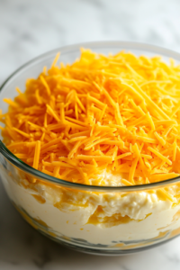 A close-up shot of shredded cheddar cheese being generously sprinkled over the mayonnaise layer in the glass serving bowl on the white marble cooktop. The golden cheese cascades down, adding a rich, savory flavor.