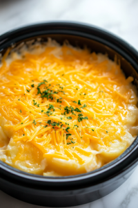 A close-up shot of shredded cheddar cheese being sprinkled over the top of the scalloped potatoes inside the black slow cooker on the white marble cooktop. The cheese begins to melt, forming a bubbly, golden layer of cheesy goodness.