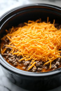A black slow cooker on a white marble cooktop, with shredded cheddar cheese generously sprinkled over the sausage, creating a bright orange layer of cheesy goodness
