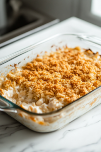 The casserole dish on the white marble cooktop, with the buttery cracker topping being generously sprinkled over the creamy chicken and rice mixture. The topping is evenly distributed, creating a crispy, golden crust for baking.