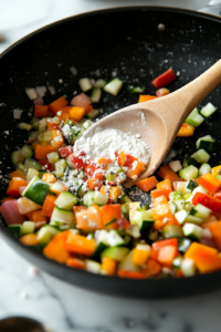 The same black skillet on the white marble cooktop now has all-purpose flour being sprinkled over the vegetables. A wooden spoon stirs everything together, ensuring the ingredients are evenly coated with a light flour dusting.