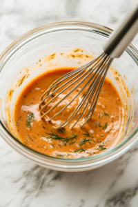 A hand sprinkling garlic salt into the glass mixing bowl over the white marble cooktop, deepening the savory flavor of the creamy dressing mixture.