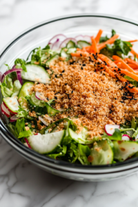 A close-up shot of a hand sprinkling golden panko breadcrumbs over the kani salad in the large glass mixing bowl on the white marble cooktop, adding a crispy and crunchy finishing touch to the dish.