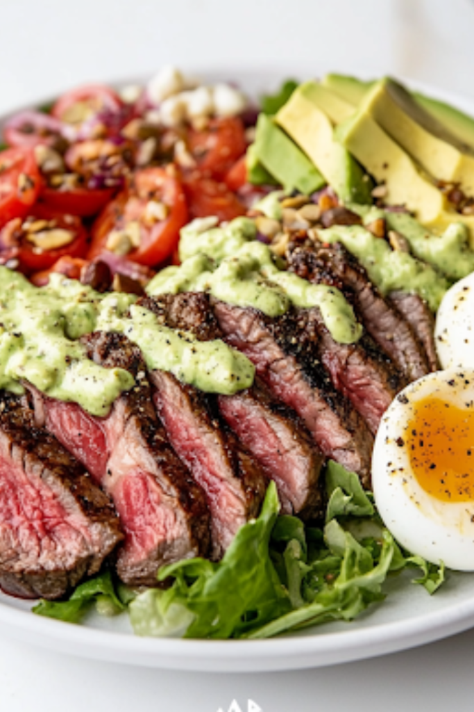 A close-up of a white ceramic serving plate on a white marble cooktop, featuring a beautifully arranged steak Cobb salad. A drizzle of creamy avocado dressing cascades over the vibrant fresh ingredients, ready to be enjoyed.