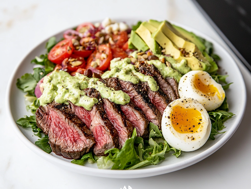 A close-up of a white ceramic serving plate on a white marble cooktop, featuring a beautifully arranged steak Cobb salad. A drizzle of creamy avocado dressing cascades over the vibrant fresh ingredients, ready to be enjoyed.