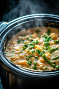 An overhead shot of the slow cooker covered, with steam beginning to form inside as the creamy green bean casserole simmers. The condensation on the lid indicates that the dish is cooking slowly, allowing the flavors to develop.