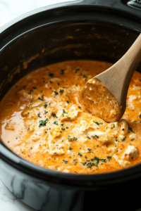 A black crockpot on a white marble cooktop, with a wooden spoon stirring the mixture of chicken, cheese, Buffalo sauce, and ranch dressing. The ingredients begin to blend, creating a thick and creamy consistency.