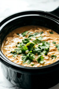 A black slow cooker on a white marble cooktop, with freshly chopped cilantro and a squeeze of lime juice being stirred into the white chicken chili. The vibrant green cilantro and zesty lime contrast beautifully with the creamy, rich chili, adding a burst of freshness.