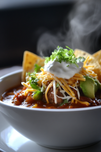 A close-up shot of a serving bowl filled with steaming hot slow cooker taco soup. The soup is garnished with shredded cheese, a dollop of sour cream, sliced avocado, and crispy tortilla chips. The vibrant toppings contrast beautifully with the rich, hearty soup, which is served alongside a side of Cottage Cheese Flatbread or a Steak Cobb Salad for a satisfying meal.