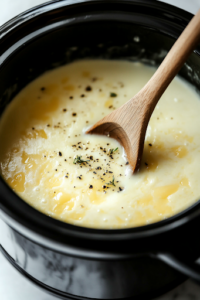 A close-up shot of a black slow cooker on the white marble cooktop, with a wooden spoon stirring the soup thoroughly. The melted cheese blends smoothly into the mixture, creating a thick, creamy, and velvety broccoli cheese soup.