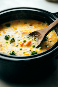 A black slow cooker on a white marble cooktop, with a wooden spoon stirring the mixture as the cheese slowly melts and coats the spinach and artichokes. The dip gradually turns creamy and thick, releasing a rich, cheesy aroma.