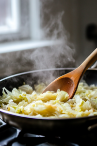 A wooden spoon stirs the sautéed cabbage, now tender but not mushy, with steam gently rising from the skillet, enhancing the dish’s rich aroma.