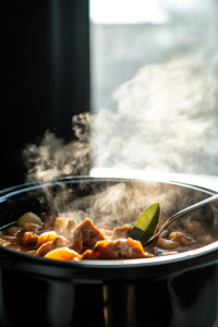 A close-up shot of the black slow cooker on the white marble cooktop, now uncovered, as a ladle stirs the thick, rich beef stew. The bay leaf is carefully removed, while steam rises from the hearty dish, filling the air with a warm, comforting aroma.