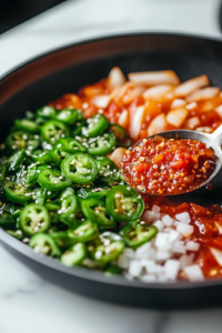 A spoon stirs chopped tomato, tomato paste, cumin, and salt into the softened onion and jalapeño mixture, blending into a rich, deep-colored, and aromatic base.