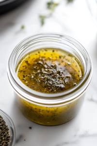 A close-up shot of a sealed airtight container filled with the freshly made keto Greek vinaigrette on the white marble cooktop. A sprinkle of dried oregano sits on top as a garnish, indicating its rich Mediterranean flavor, ready for storage and future use.