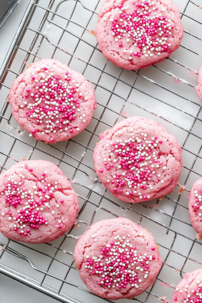 A tray of freshly baked pink cookies cooling on a wire rack, ready to be enjoyed after reaching the perfect texture.