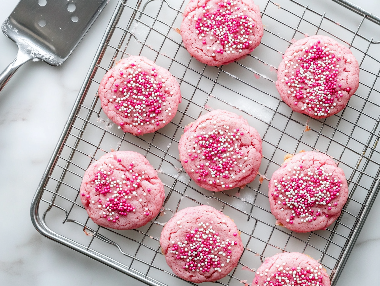 A tray of freshly baked pink cookies cooling on a wire rack, ready to be enjoyed after reaching the perfect texture.
