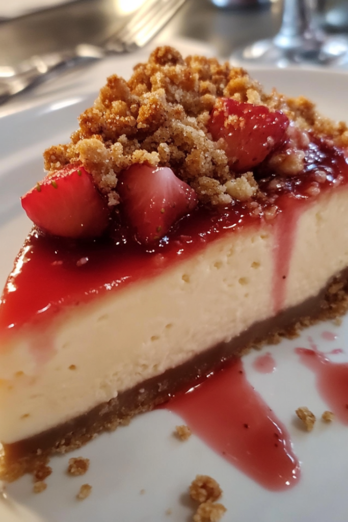 A perfectly sliced piece of strawberry crumble cheesecake on a dessert plate, ready to be enjoyed.