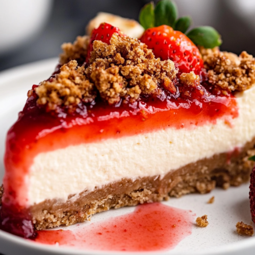 A perfectly sliced piece of strawberry crumble cheesecake on a dessert plate, ready to be enjoyed.