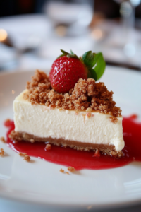 A perfectly sliced piece of strawberry crumble cheesecake on a dessert plate, ready to be enjoyed.