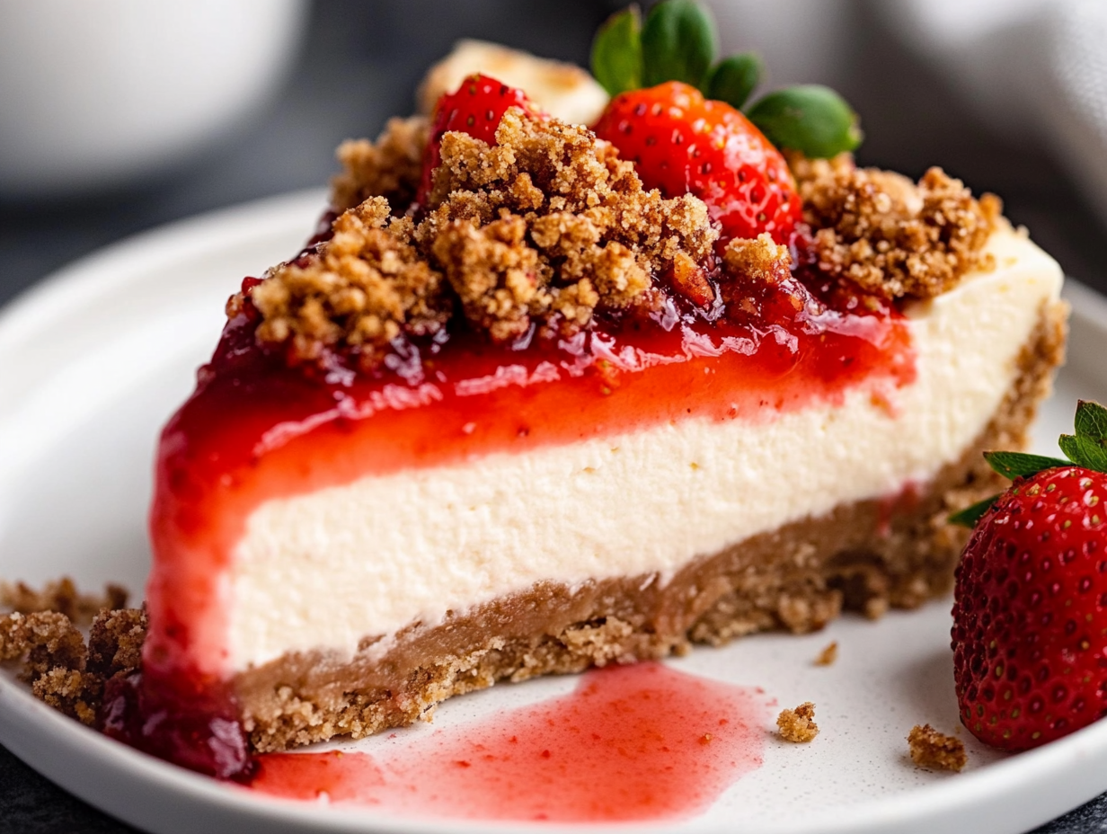 A perfectly sliced piece of strawberry crumble cheesecake on a dessert plate, ready to be enjoyed.