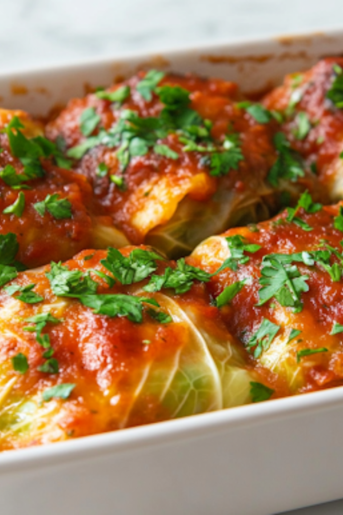 A baking dish on a white marble cooktop filled with freshly baked keto stuffed cabbage rolls. The rolls are slightly crisp on top, glistening with sauce, and garnished with fresh parsley.