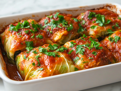 A baking dish on a white marble cooktop filled with freshly baked keto stuffed cabbage rolls. The rolls are slightly crisp on top, glistening with sauce, and garnished with fresh parsley.