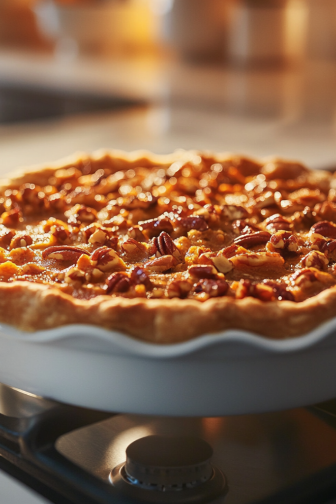 A golden-brown sweet potato pie with bubbling caramelized pecan topping, fresh out of the oven. The glossy topping glistens under warm kitchen lighting. --ar 4:6