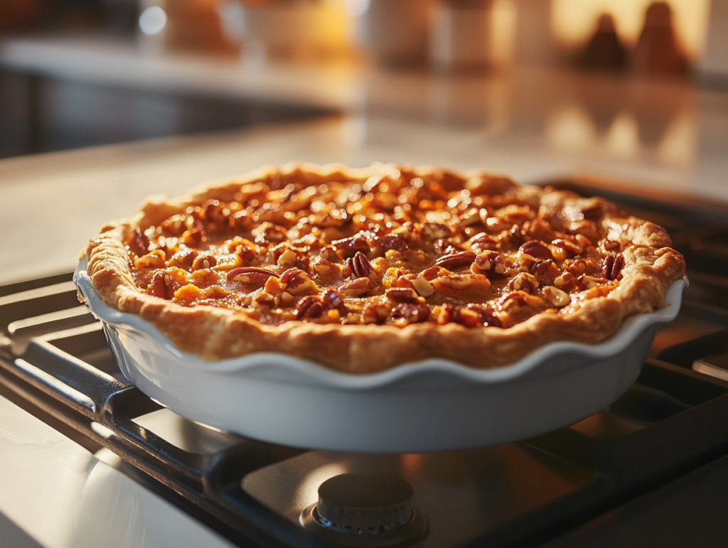 A golden-brown sweet potato pie with bubbling caramelized pecan topping, fresh out of the oven. The glossy topping glistens under warm kitchen lighting